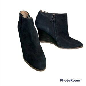 Black Suede Wedge Ankle Boots‎ Side Zip Almond Toe Booties RN 58665 Size 9M